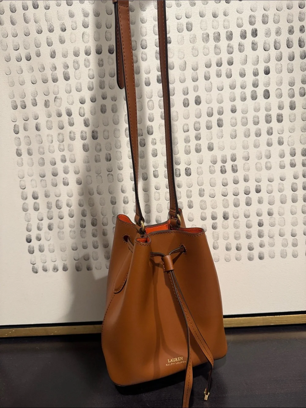 Ralph Lauren Brown Leather Drawstring Crossbody Bucket Bag